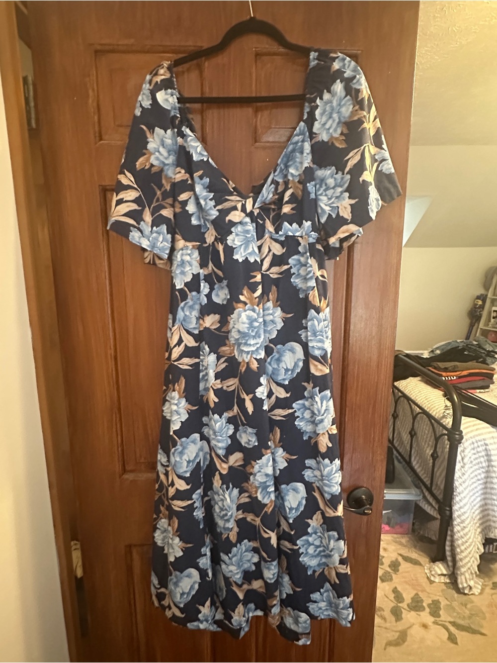 Abercrombie & Fitch Navy Midi Dress with Light Blue Floral Print